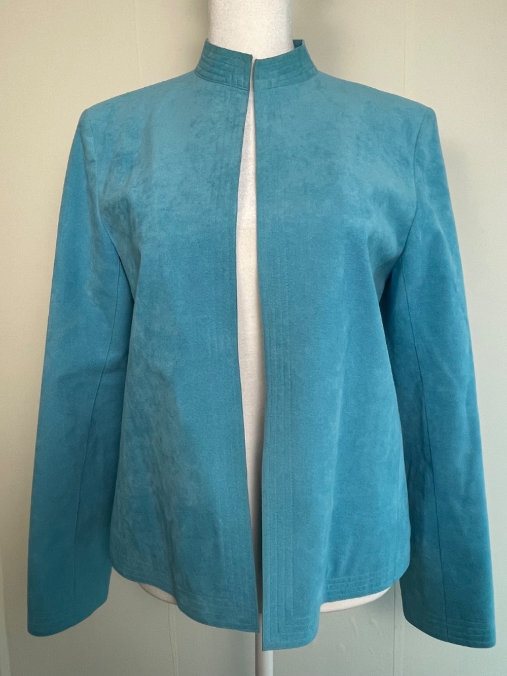 VTG ULTRASUEDE Powder Blue Open Front Mandarin Indie Chic Jacket Size 8